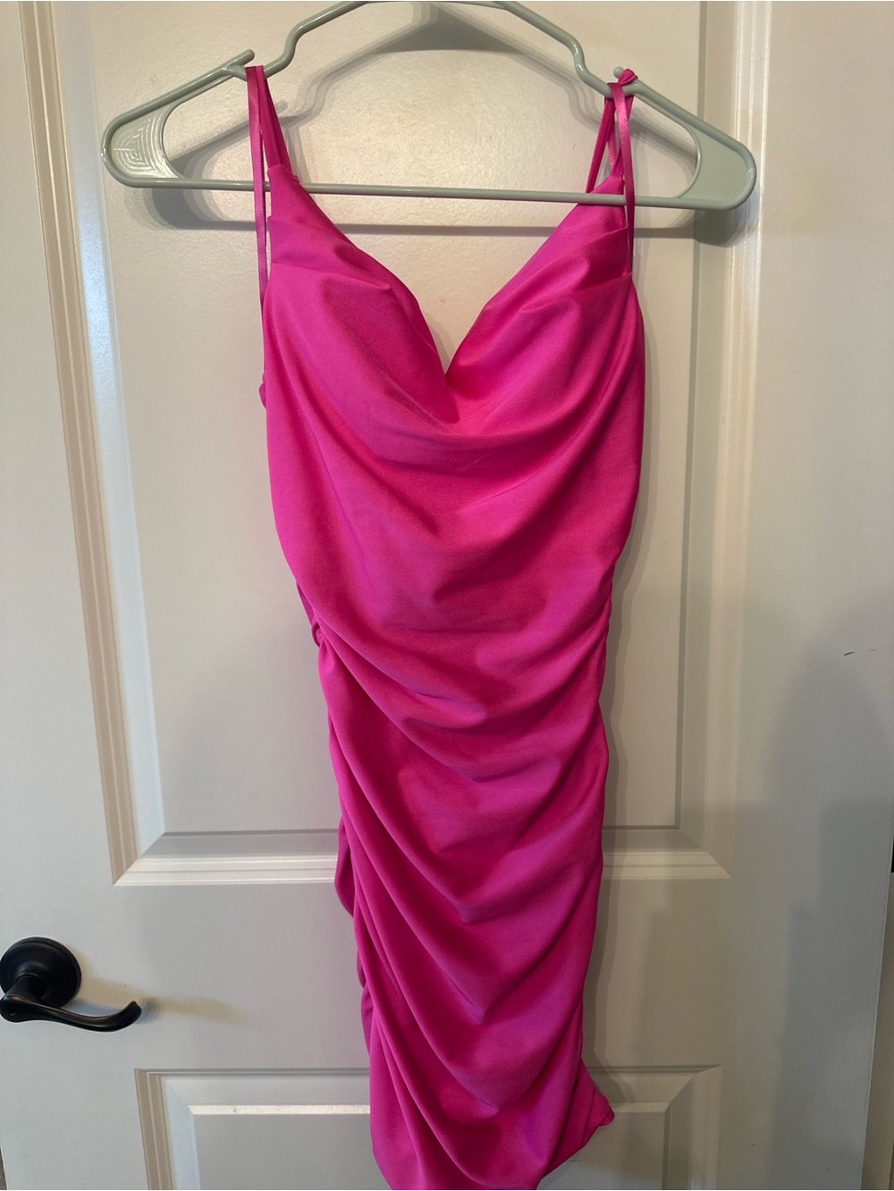 B Darlin Hot Pink Cowl Neck Ruched Midi Dress
